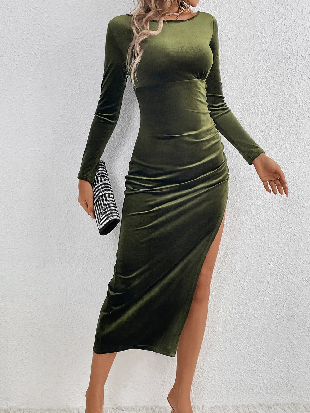 ZARA Spring Fall Elegant Slim Fit Side Slit Bodycon Long Sleeve Velvet Dress